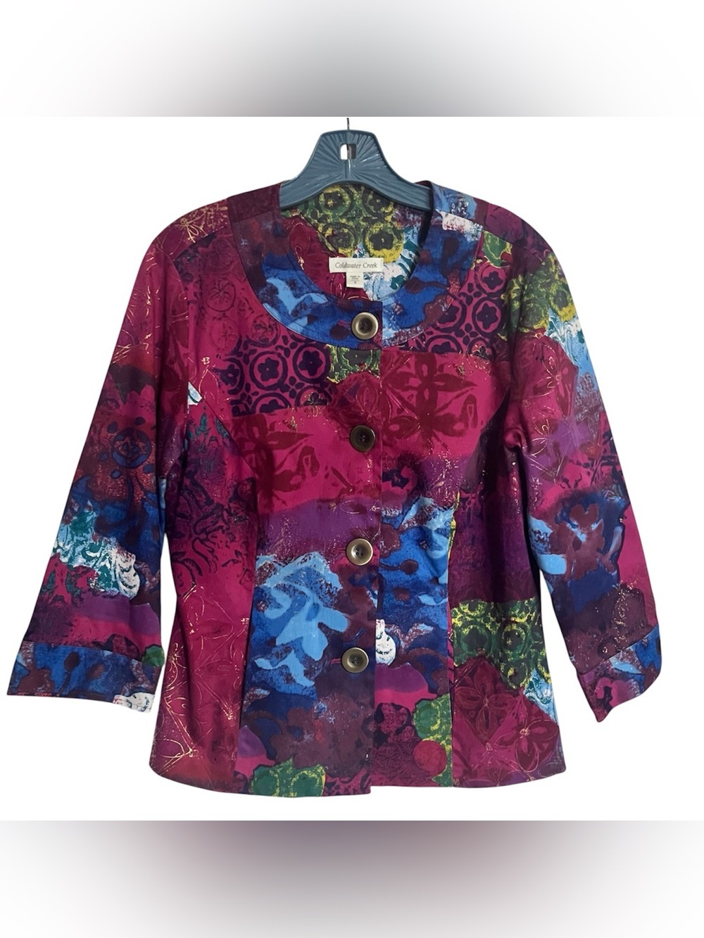 Coldwater Creek Multi Cotton Spandex Lined 3/4 Sleeve Shaped Jacket Sz 8